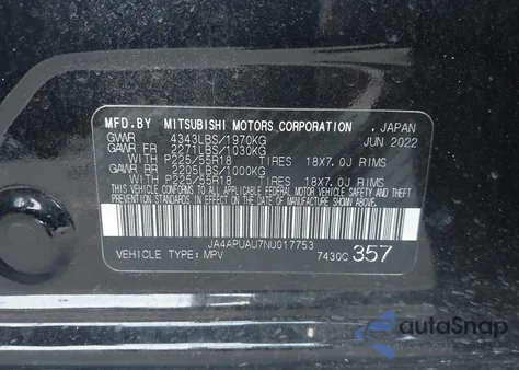 2022 Mitsubishi Outlander Sport 2.0 Be 2Wd from USA, damaged, VIN JA4APUAU7NU017753
